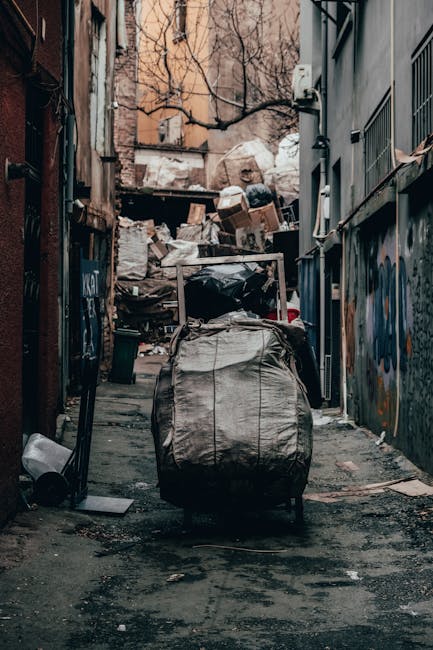 A narrow, urban alleyway cluttered with garbage and discarded items, featuring a large, worn wheeled shopping trolley in the foreground filled with waste. Behind it, there are numerous cardboard boxes, plastic bags, and other debris stacked against a makeshift barricade at the end of the alley, indicating ongoing rubbish accumulation. The alley is bordered by aged brick and metal structures on either side, some with graffiti on their surfaces, and the ground appears stained and uneven with patches of dirt and scattered rubbish. Bare tree branches are visible above, suggesting the scene takes place in late autumn or winter. The lighting is dim, mainly ambient, highlighting the disorderly environment often associated with illegal or private waste disposal areas that require professional rubbish removal services. Occasionally, the scene reflects the context of independent waste handling, characteristic of private rubbish collection rather than official council clearance, aligning with the type of debris managed by companies operating in urban waste management.