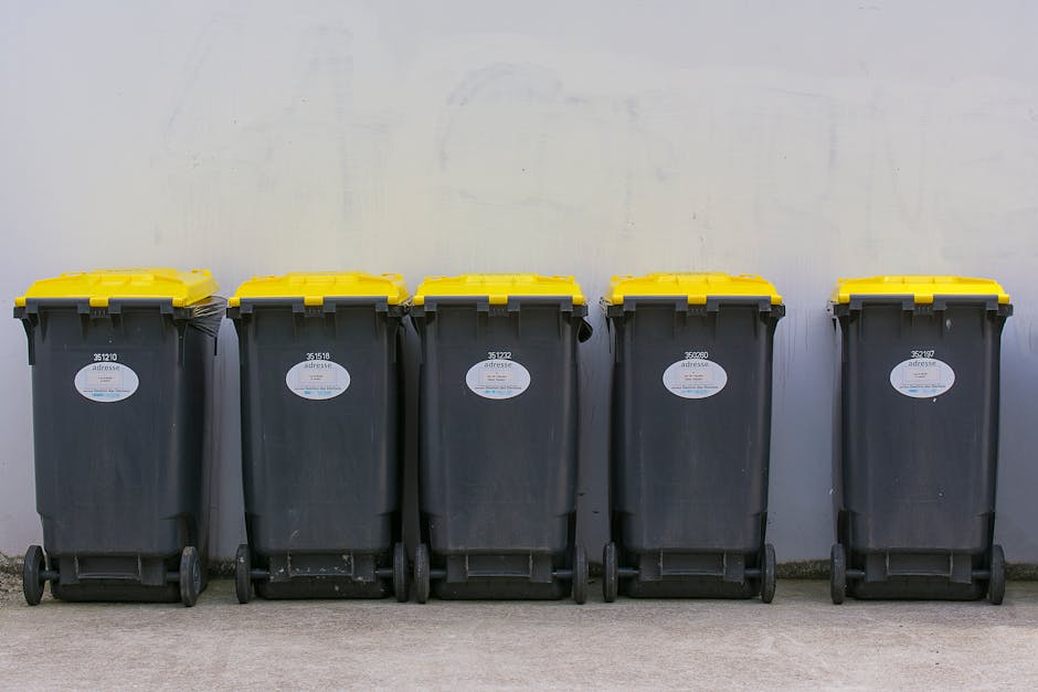 A row of five large black wheeled rubbish bins with bright yellow lids, positioned on a concrete surface against a plain, light-colored wall. Each bin has a white oval label with identifying numbers and details visible. The bins are evenly spaced, with the two on the left slightly closer together, and the others aligned in a straight line. The environment appears to be an outdoor waste collection area or back courtyard, with no other objects or debris present. The lighting is natural, evenly illuminating the scene without shadows, emphasizing the clean and orderly appearance typical of private waste disposal arrangements like those managed by independent rubbish collection services such as rubbishcollectionelephantandcastle.co.uk, which often facilitate on-site clearance and alternative waste handling outside public authority collection.